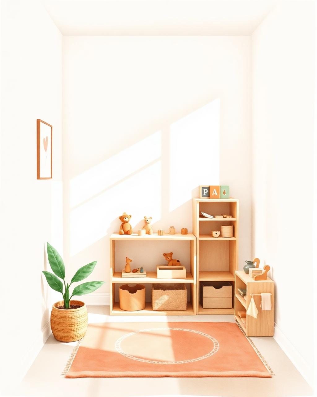 Watercolor illustration of a sunlit in-home preschool corner with wooden Montessori shelves and toys