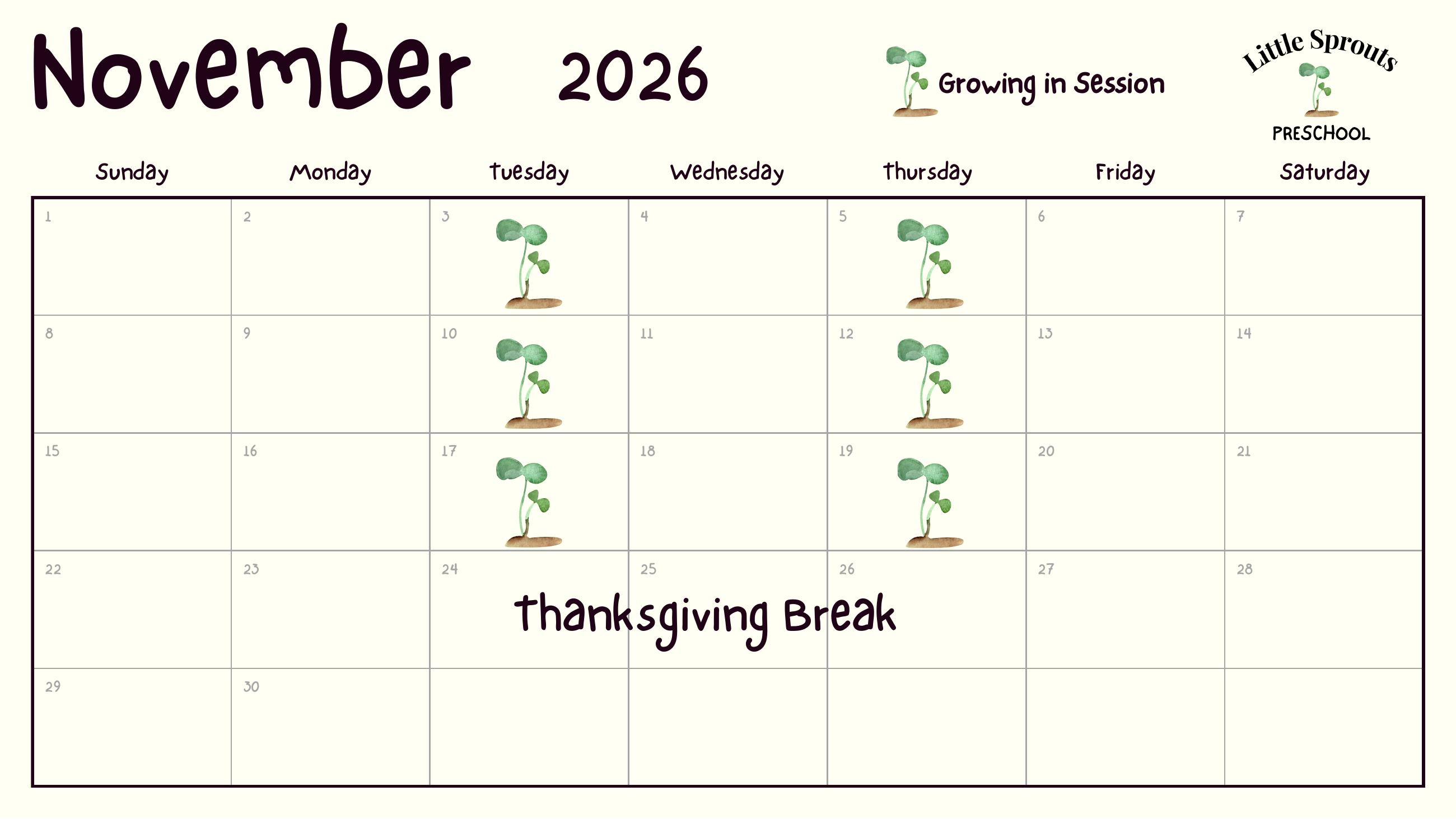Little Sprouts Preschool November 2026 class calendar