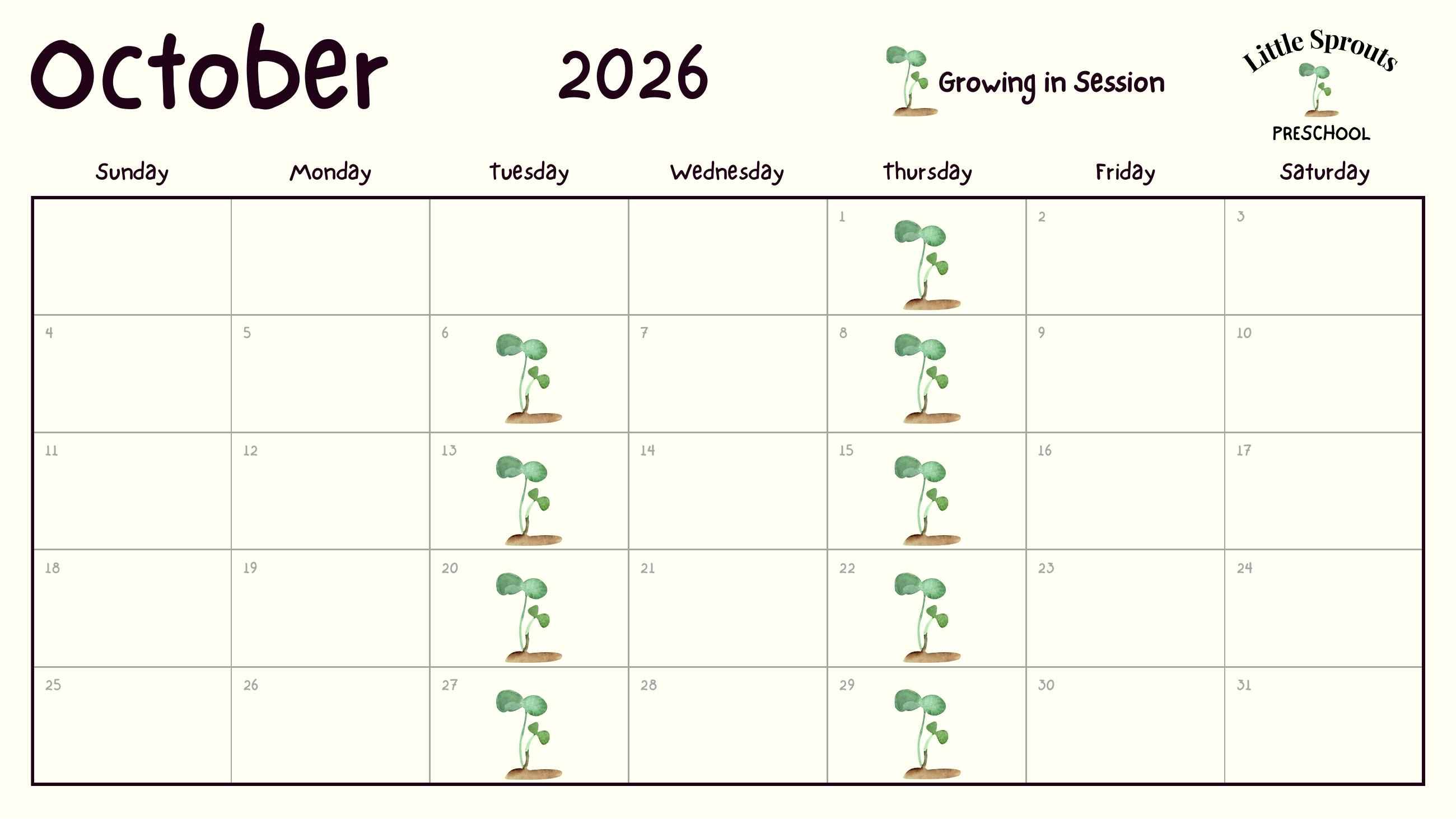 Little Sprouts Preschool October 2026 class calendar