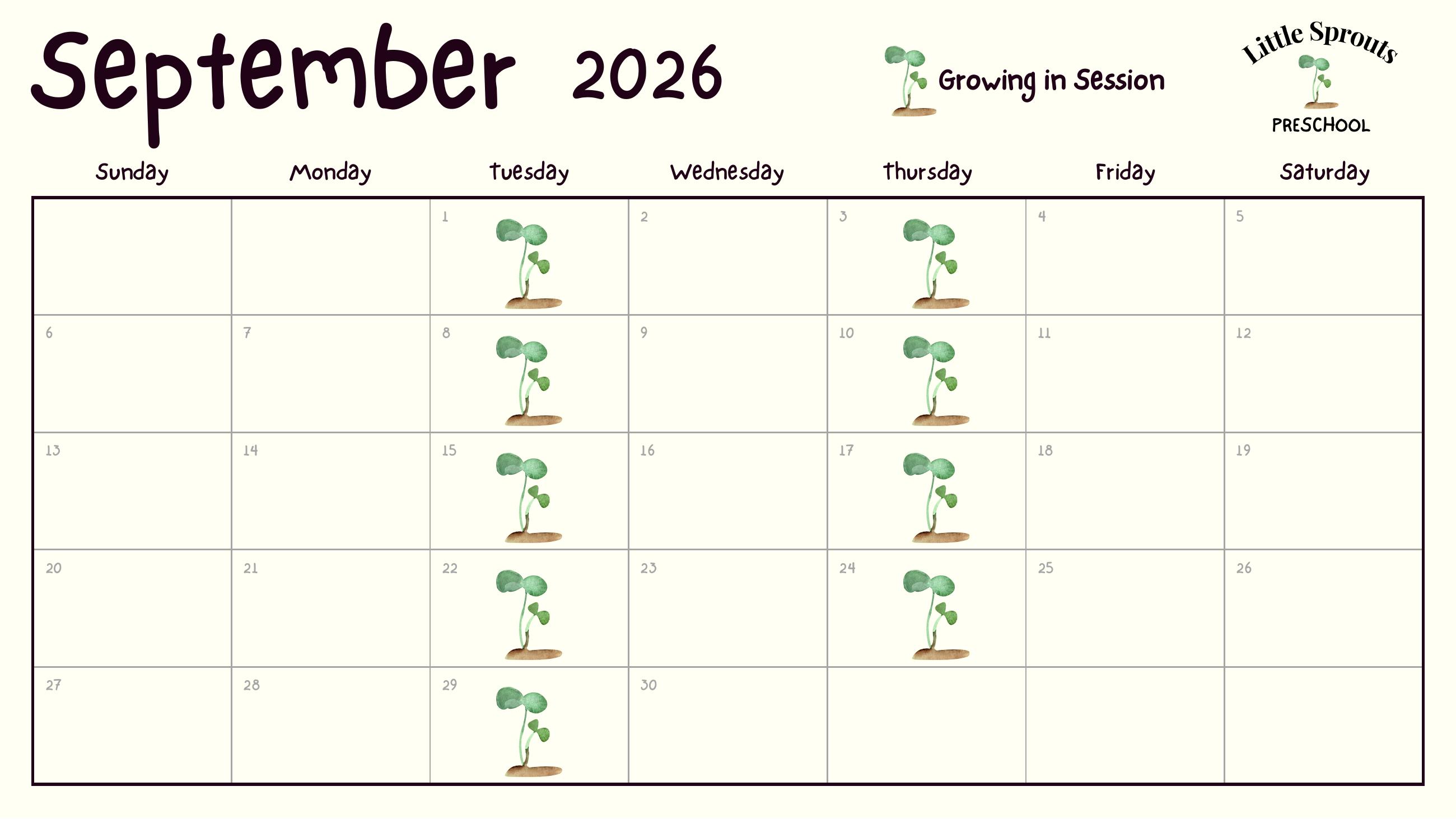 Little Sprouts Preschool September 2026 class calendar