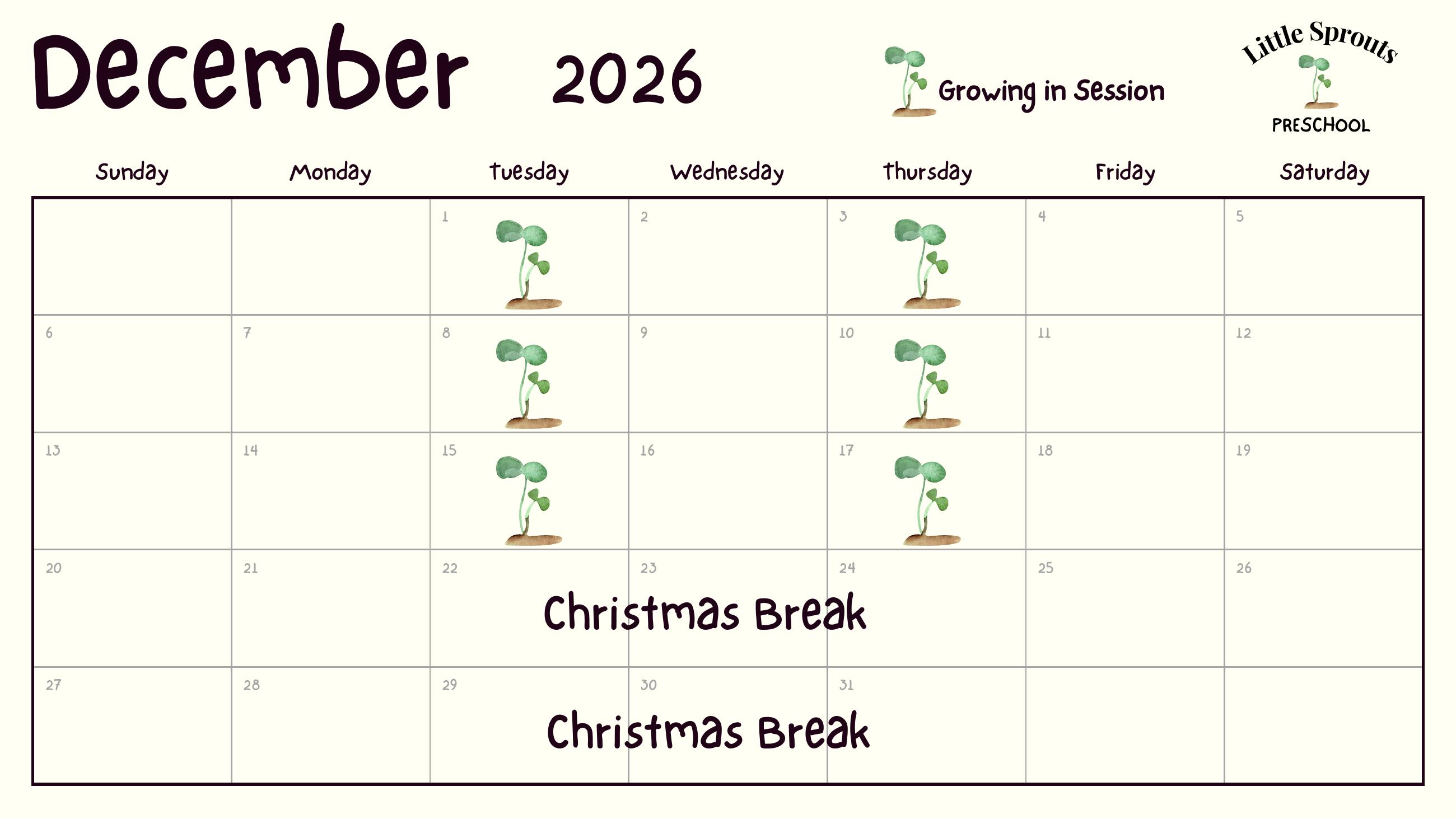 Little Sprouts Preschool December 2026 class calendar